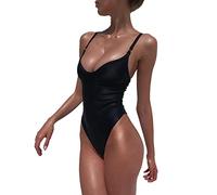 BKEPDY Women's One Piece Swimsuit Tummy Control V Neck Swimwear Adjustable Straps Padded Swimming Costume Women Bating Suits Sexy Backles Bodysuit for Swim Solid Colour Halter Swimsuit (Black M)