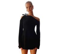 BKEPDY Womens Sexy Mini Dress Off Shoulder Long Sleeve Dresses Bodycon Elegant Casual Ruffle Trim Cocktail Dress Aesthetic Party Club Cami Dress Clubwear Black