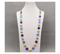 BKGWCSOR 35'' Gold Plated Brushed Coin Beads Real Blue Square Stone Sweater chain Long Necklace Lady Gifts
