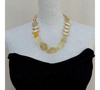 BKGWCSOR Lemon Quartz Rough round Agate White Biwa freshwater Pearl Round choker Necklace 21" for women