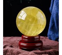 BKGWCSOR Yellow Quartz Crystal Sphere Gemstone Ball Divnation Feng Shui with Wooden Stand Sculpture Figurine for Home Office Decoration,100mm