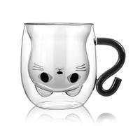 Bkinpid Cute Cat Double Wall Glass Mug, Black Cat 100% Borosilicate Thick Glass with Handle, Heat Resistance, 250ml,Gift Wrapped