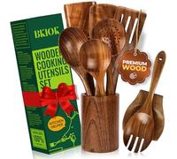Bkiok Teak Wood Utensil Set, Wooden Utensils set for Kitchen Handmade Cooking Utensil Set with Spoon Rest and Utensils Holder (9Pcs)