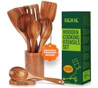 Bkiok Teak Wood Utensil Set, Wooden Utensils set for Kitchen Handmade Cooking Utensil Set with Spoon Rest and Utensils Holder (9Pcs)