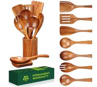 Bkiok Wooden Spoons for Cooking, Teak Wood Kitchen Utensil Set, Handmade Nonstick Utensil Set with Spoon Rest and Utensils Holder (9Pcs)