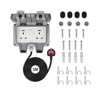 Bkiyougo Double Socket, outdoor sockets waterproof IP66 with 3M Extension Lead, Weatherproof Outdoor Plug Sockets, Exterior Wall Garden, 2 Gang Storm Switched Socket Outside Power Socket