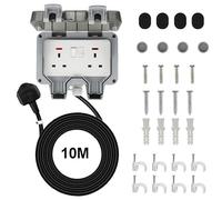 Bkiyougo Double Socket w/ 10M Extension Lead - Weatherproof Outdoor Sockets, 2 Gang Storm Switched Plugs for Exterior & Garden Use
