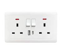 Bkiyougo Double Socket With Dual USB Charging Ports (Type A and C), Double Plug Sockets Wall Socket With LED Indicator, Double Socket PC Wall Plate Outlet With Secure Locking Mechanism, White, 13A