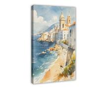 BKNSLJH Cadiz Spain Watercolor Painting_ Coastal City Art Print Canvas Poster Bedroom Decor Landscape Office Room Decor Gift 24x36inch(60x90cm)