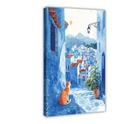 BKNSLJH Chefchaouen Blue City Art Print, Moroccan Cat Illustration Canvas Poster Bedroom Decor Landscape Office Room Decor Gift 24x36inch(60x90cm)