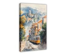 BKNSLJH Lisbon Tram Watercolor Painting_ Portugal Travel Art Print Canvas Poster Wall Art Decor Print Picture Paintings Decoration 24x36inch(60x90cm)