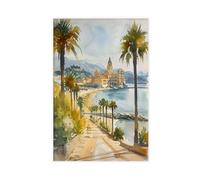 BKNSLJH Malaga Spain Watercolor Print_ Coastal City Wall Art Canvas Poster Bedroom Decor Landscape Office Room Decor Gift 16x24inch(40x60cm)