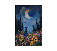 BKNSLJH Moon Above The Witch with Wild Flowers And The Forest Art Print Canvas Poster Bedroom Decor Landscape Office Room Decor Gift 12x18inch(30x45cm)
