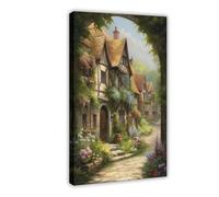 BKNSLJH Old English Cottages in A Village Scene Art Print Old Romantic Cottagecore, Sleepy Village Canvas Poster Wall Art Decor Print Picture Paintings Decoration 20x30inch(50x75cm)