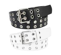BKpearl 2 Pack Double Grommet PU Leather Punk Belt, 2 Hole Grommet Jeans Belt for Women & Men, Multi, Medium