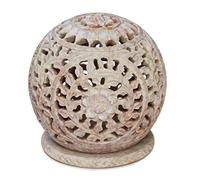 BKRAFT4U Unique Hand Carved Tealight Holder Sphere Shaped Made from Soapstone with Intricate Tendril Openwork Floral Decorative Lantern.