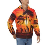 BKTRAVERPT African Animal Sunset Printed Men'S Fleece Full-Zip Hoodie Sweatshirts Pullover Hoody Jackets Winter Warm With Pockets Long Sleeve Casual Sweatshirt