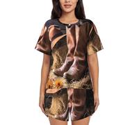 BKTRAVERPT Cute Cowgirl Boots Hat In Farm Women'S Short-Sleeved Pajama Set - Soft Button Down Sleepwear Loungewear, Round Neck Nightwear Summer Pjs Sets With Pockets Drawstring