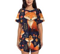 BKTRAVERPT Cute Cute Animal Fox Flower Women'S Short-Sleeved Pajama Set - Soft Button Down Sleepwear Loungewear, Round Neck Nightwear Summer Pjs Sets With Pockets Drawstring
