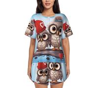 BKTRAVERPT Cute Cute Owl Women'S Short-Sleeved Pajama Set - Soft Button Down Sleepwear Loungewear, Round Neck Nightwear Summer Pjs Sets With Pockets Drawstring
