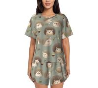 BKTRAVERPT Cute Many Hedgehogs Women'S Short-Sleeved Pajama Set - Soft Button Down Sleepwear Loungewear, Round Neck Nightwear Summer Pjs Sets With Pockets Drawstring