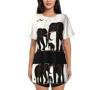 BKTRAVERPT Cute Old Elephant And Young Elephant Women'S Short-Sleeved Pajama Set - Soft Button Down Sleepwear Loungewear, Round Neck Nightwear Summer Pjs Sets With Pockets Drawstring