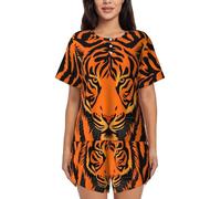 BKTRAVERPT Cute Orange Tiger Leopard Women'S Short-Sleeved Pajama Set - Soft Button Down Sleepwear Loungewear, Round Neck Nightwear Summer Pjs Sets With Pockets Drawstring