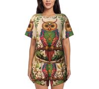 BKTRAVERPT Cute Owl Beliefs Women'S Short-Sleeved Pajama Set - Soft Button Down Sleepwear Loungewear, Round Neck Nightwear Summer Pjs Sets With Pockets Drawstring
