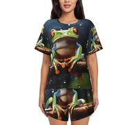 BKTRAVERPT Cute Peace Tree Frog Women'S Short-Sleeved Pajama Set - Soft Button Down Sleepwear Loungewear, Round Neck Nightwear Summer Pjs Sets With Pockets Drawstring