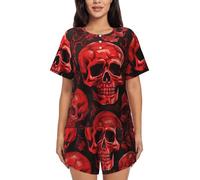 BKTRAVERPT Cute Red Skulls Women'S Short-Sleeved Pajama Set - Soft Button Down Sleepwear Loungewear, Round Neck Nightwear Summer Pjs Sets With Pockets Drawstring