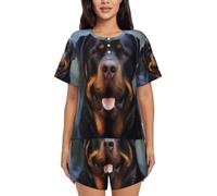 BKTRAVERPT Cute Rottweiler Wallpaper Women'S Short-Sleeved Pajama Set - Soft Button Down Sleepwear Loungewear, Round Neck Nightwear Summer Pjs Sets With Pockets Drawstring