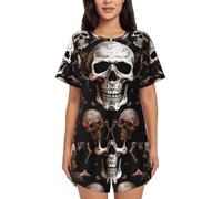 BKTRAVERPT Cute Skull Background Women'S Short-Sleeved Pajama Set - Soft Button Down Sleepwear Loungewear, Round Neck Nightwear Summer Pjs Sets With Pockets Drawstring