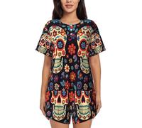 BKTRAVERPT Cute Sugar Skulls Women'S Short-Sleeved Pajama Set - Soft Button Down Sleepwear Loungewear, Round Neck Nightwear Summer Pjs Sets With Pockets Drawstring