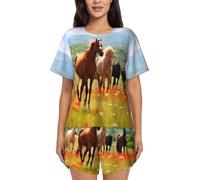BKTRAVERPT Cute Various Kinds Of Horses Women'S Short-Sleeved Pajama Set - Soft Button Down Sleepwear Loungewear, Round Neck Nightwear Summer Pjs Sets With Pockets Drawstring