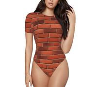 BKTRAVERPT Fashion Red Brick Wall Texture Women'S Short Sleeved Bodysuits Onesie, Soft Comfortable Crew Neck Ladies Casual Body Suits Slim Fit