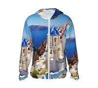 BKTRAVERPT Fashion Santorini Greek Island Sea View Sun Protection Hoodie T-Shirt Long Sleeve,Adult Upf 50+ Sun Shirt,Lightweight Breathable,Women'S Men'S Hooded Sun Protection Zipper With Pockets