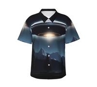 BKTRAVERPT Flying Saucer at Night Funky Summer Hawaiian Shirt for Men, Comfortable, Breathable, Button Down Beach Shirt with Short Sleeves, Casual Loose Fit Party Festival Holiday Shirts