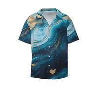BKTRAVERPT Men's Short Sleeve Shirt Stone Blue Gold Marble Printed Regular Fit Button Down Shirts Casual Summer Beach Holiday Shirt with Pocket
