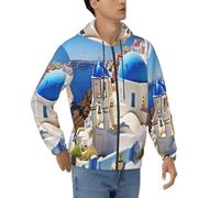 BKTRAVERPT Santorini Greek Island Sea View Printed Men'S Fleece Full-Zip Hoodie Sweatshirts Pullover Hoody Jackets Winter Warm With Pockets Long Sleeve Casual Sweatshirt