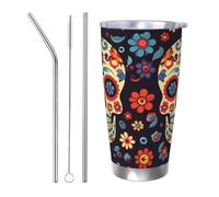 BKTRAVERPT Sugar Skulls 20oz Tumbler with Lid and Straw, Spill-Proof Thermal Cup, Travel Coffee Mug, Stainless Steel Double Wall Vacuum Insulated Car Tumbler, Fits Most Car Cupholders, Hot & Cold