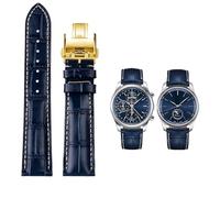BKUANE 19mm 20mm 21mm Leather Wristband，For Masters Collection L3 L4 L2.628/L2.673 Watch Strap Cowhide Leather Butterfly Buckle watchband(Blue gold Folding,19mm)