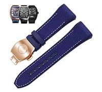 BKUANE 28mm Nylon Genuine Leather Silicone Watch band Black Blue Folding Buckle Watch Strap For Franck Muller V45 Series Watchbands(Blue white-rosegold)