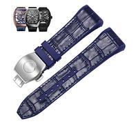 BKUANE 28mm Nylon Genuine Leather Silicone Watch band Black Blue Folding Buckle Watch Strap For Franck Muller V45 Series Watchbands(2 Blue-silver)