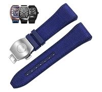 BKUANE 28mm Nylon Genuine Leather Silicone Watch band Black Blue Folding Buckle Watch Strap For Franck Muller V45 Series Watchbands(Blue-silver)