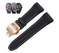 BKUANE 28mm Nylon Genuine Leather Silicone Watch band Black Blue Folding Buckle Watch Strap For Franck Muller V45 Series Watchbands(Black white-rosegold)