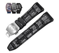 BKUANE 28mm Nylon Genuine Leather Silicone Watch band Black Blue Folding Buckle Watch Strap For Franck Muller V45 Series Watchbands(2 Black-silver)