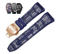 BKUANE 28mm Nylon Genuine Leather Silicone Watch band Black Blue Folding Buckle Watch Strap For Franck Muller V45 Series Watchbands(2 Blue-rosegold)