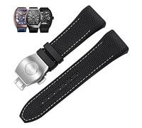 BKUANE 28mm Nylon Genuine Leather Silicone Watch band Black Blue Folding Buckle Watch Strap For Franck Muller V45 Series Watchbands(Black white-silver)