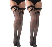 BKVAVA K Women's 2 Pairs Fishnet Thigh Highs Stockings, Thigh High Fishnet Tights with Bow Lace Top Thigh Highs Small Net for Halloween Party, Black