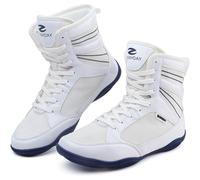 BKWHDAY Boxing Shoes Men Wrestling Shoe for Mens Weightlifting Powerlifting Deadlift Squatting High Top Fitness Zero Drop, Whiteblue, 6.5 UK